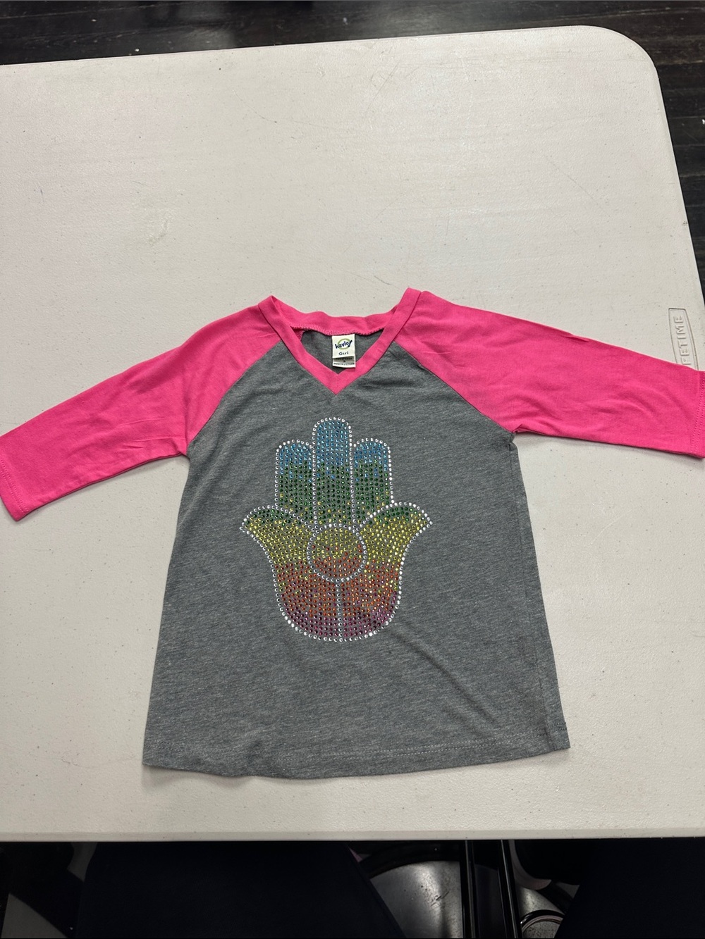 Kavio Pink Sleeve Gray Hamsa Rhinestone Raglan Tee - Size 3